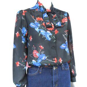 Vintage Secretary Sheer Black Floral Long Sleeve Button Down Bow Tie Blouse